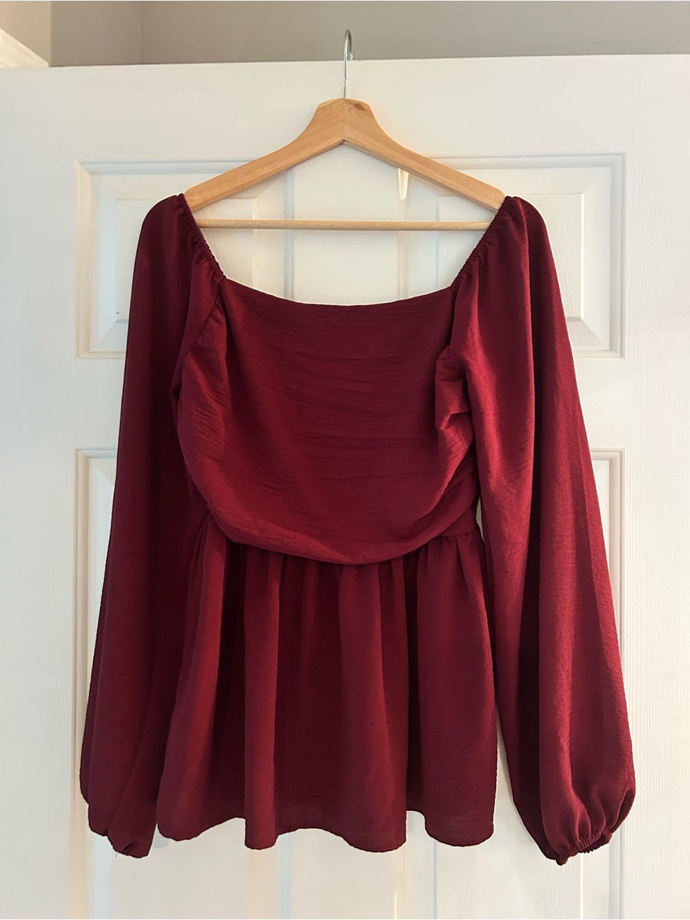 Off-Shoulder Long Sleeve Peplum Top - Deep Wine